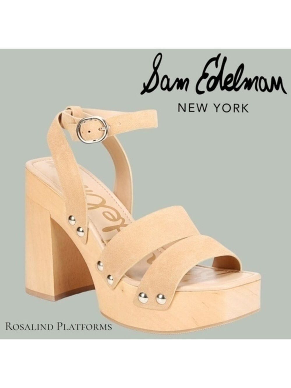 SAM EDELMAN Rosalind Wood Platform & Heel Stud Detailed Suede Sandals-9M/NWT